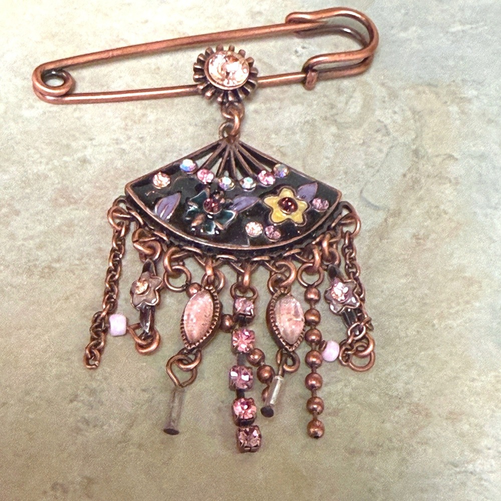 Vintage Style Copper Fan Safety Pin Brooch Pink Rhinestone Enamel Dangle Pin